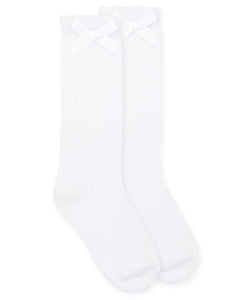 Pointelle Bow Knee High Socks - White