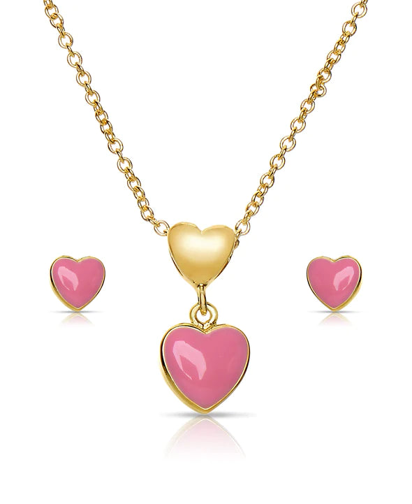 Heart Pendant and Stud Set- Pink