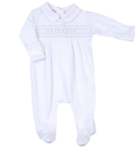 Taylor and Tyler Smocked Collared footie- light blue