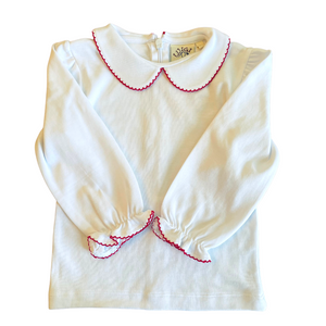 White Long Sleeve Shirt with Red Picot Trim