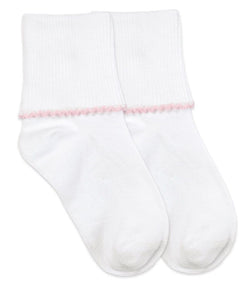 Smooth Toe Tatted Edge Turn Cuff Socks - Pink Trim